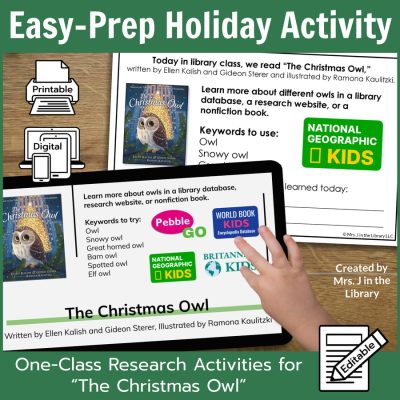 Owls research activity on a printed half-sheet and on a tablet with text: Easy-Prep Holiday Activity, One-Class Research Activities for "The Christmas Owl."