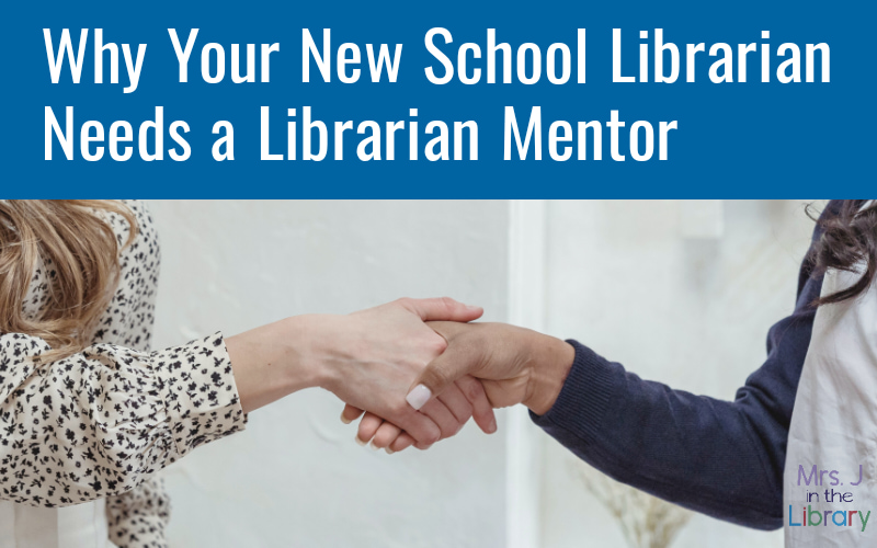 A Black woman and a light-skinned woman shake hands with text: Why your new school librarian needs a librarian mentor.
