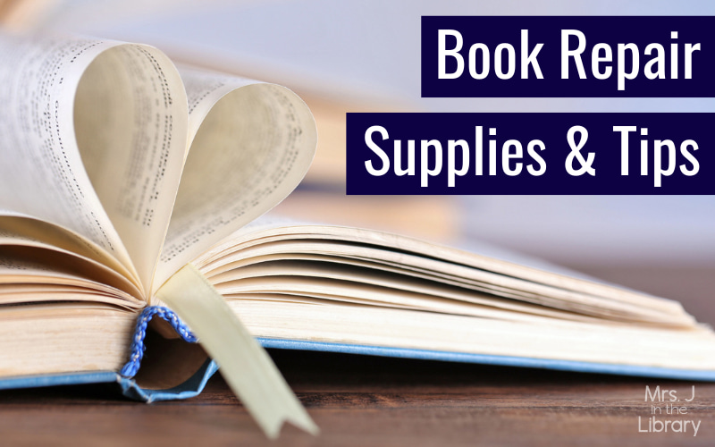 Open book with pages folded into a heart shape with text: Book Repair Supplies and Tips.