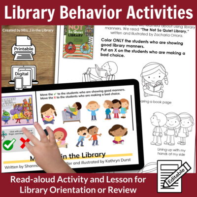 Read aloud activities on a paper and on a tablet with text: Library behavior activities; Read-aloud activity and lesson for library orientation or review.